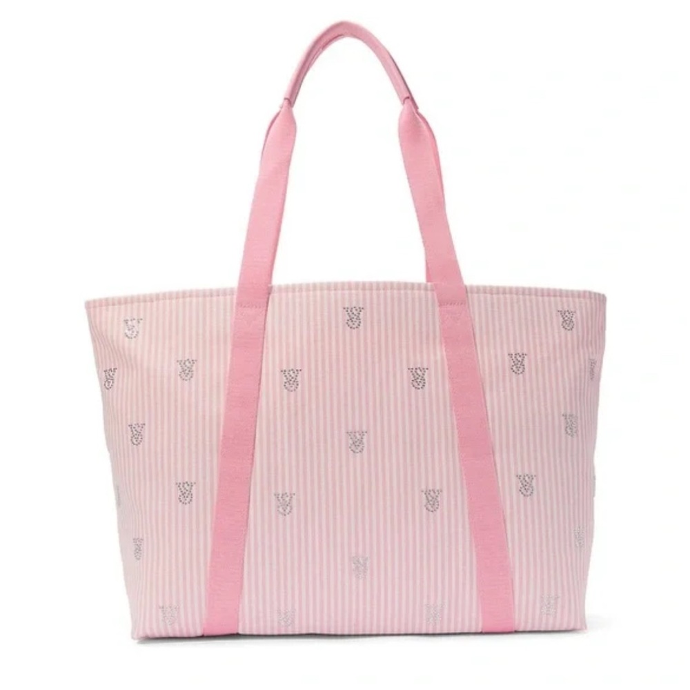Brand new rhinestone Victoria’s Secret pink white stripe large tote bag beach